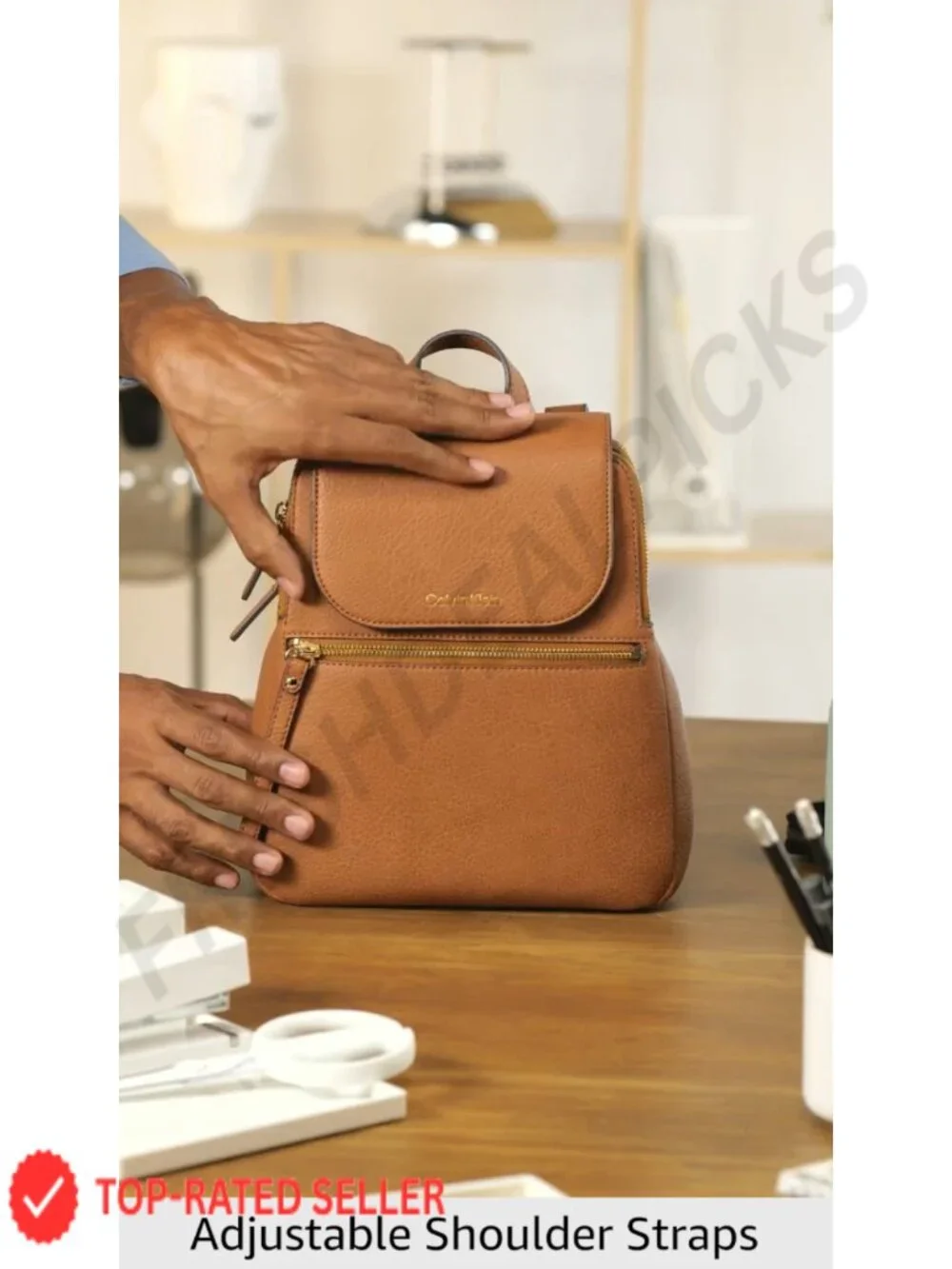 Faux Leather Flap Backpack with Adjustable Straps for Work